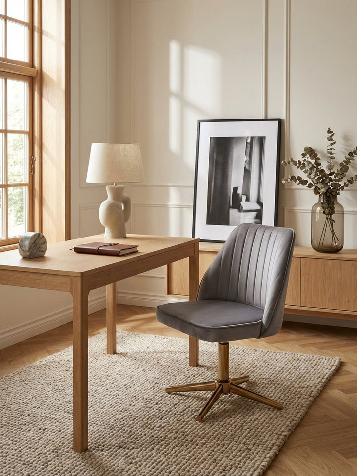 Design-Drehstuhl aus grauem Samt in einem hellen Home-Office, von oben betrachtet, zeigt die harmonische Einrichtung mit Teppich und Holzboden._