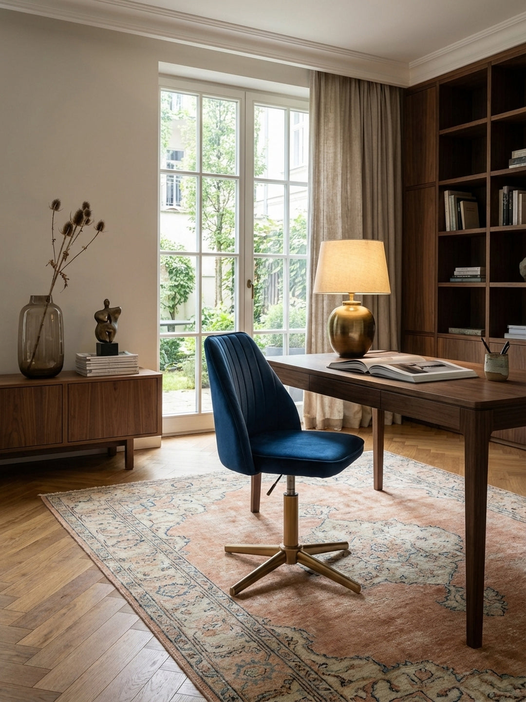 Design-Drehstuhl in Samt Blau aus der Vogelperspektive im Home-Office. Die Komposition zeigt den Stuhl am Arbeitsplatz auf einem beigen Teppich, was seine kompakte Form betont._