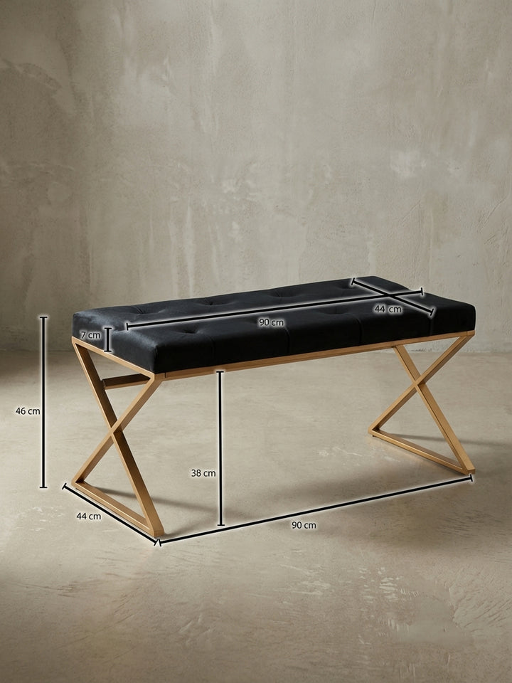 Technische Zeichnung der Sitzbank mit exakten Maßen: Länge 90 cm, Höhe 46 cm, Tiefe 44 cm, zur genauen Planung für Flur oder Schlafzimmer._