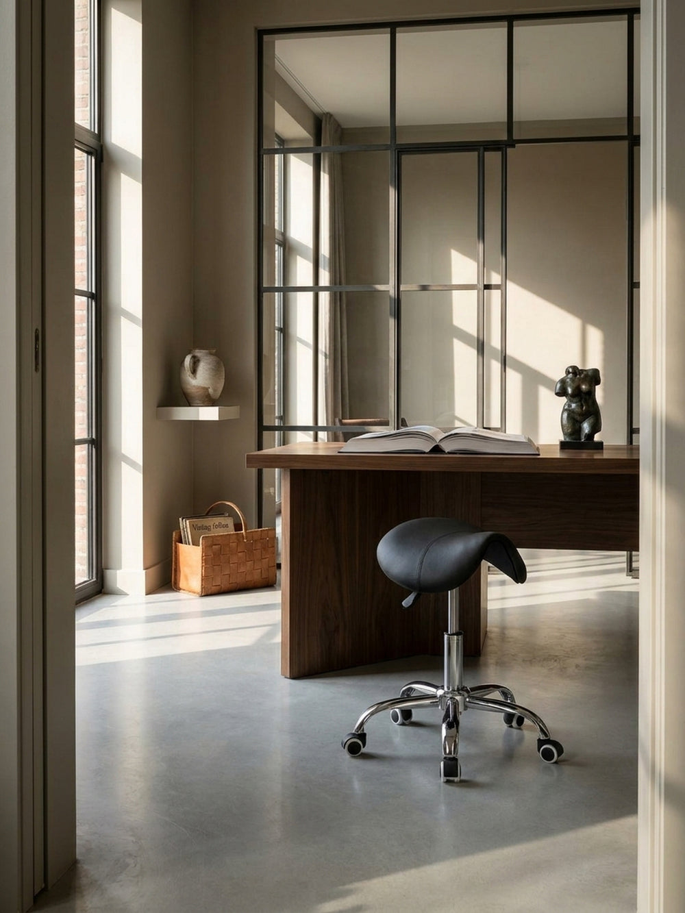 Ergonomischer Sattelhocker in Schwarz mit Chromgestell an einem dunklen Nussholz-Schreibtisch in einem minimalistischen Home-Office mit Sichtbetonboden._