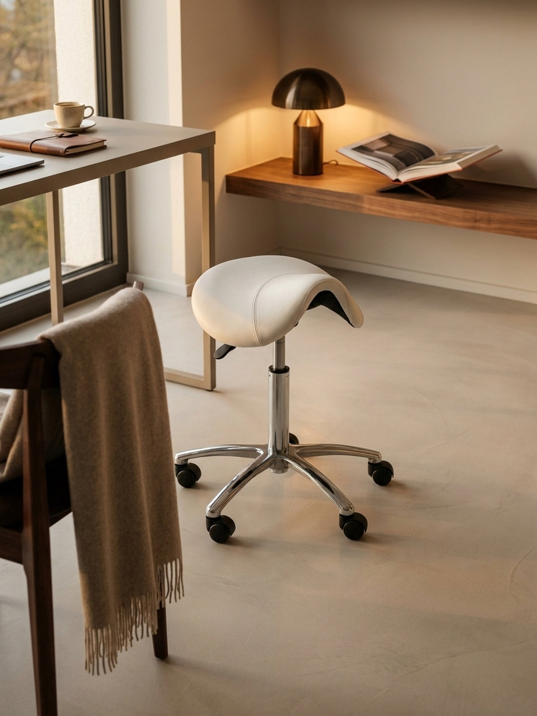 Der höhenverstellbare Friseurhocker fügt sich nahtlos in das moderne Arbeitszimmer ein, umgeben von einem großen Fotokunstwerk und einer minimalistischen Edelstahl-Linienleuchte._