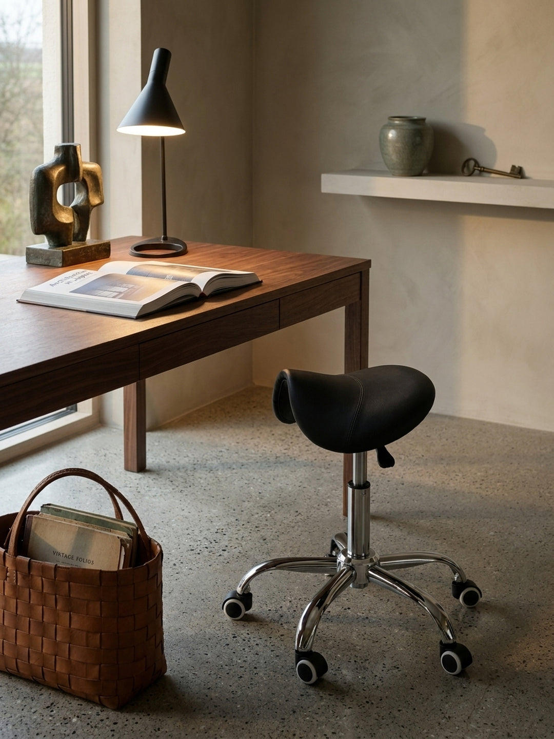 Praxishocker am Schreibtisch stehend, auf dem Tisch liegen Architekturmagazine, eine Bronze-Skulptur und eine schwarze Aluminium-Schreibtischlampe._
