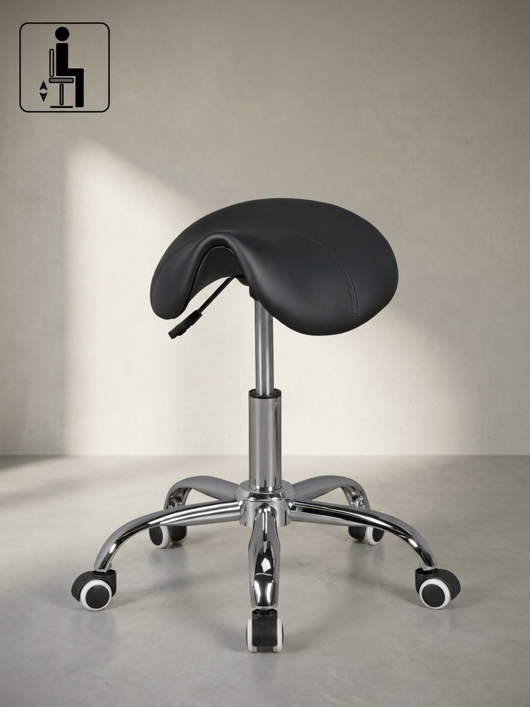 Maßzeichnung des ergonomischen Sattelhockers: Gesamthöhe 48-60 cm einstellbar, Fußkreuzdurchmesser 60 cm, Sitzfläche 38x35 cm groß._