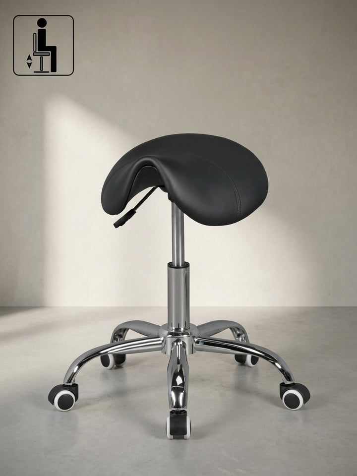 Maßzeichnung des ergonomischen Sattelhockers: Gesamthöhe 48-60 cm einstellbar, Fußkreuzdurchmesser 60 cm, Sitzfläche 38x35 cm groß._
