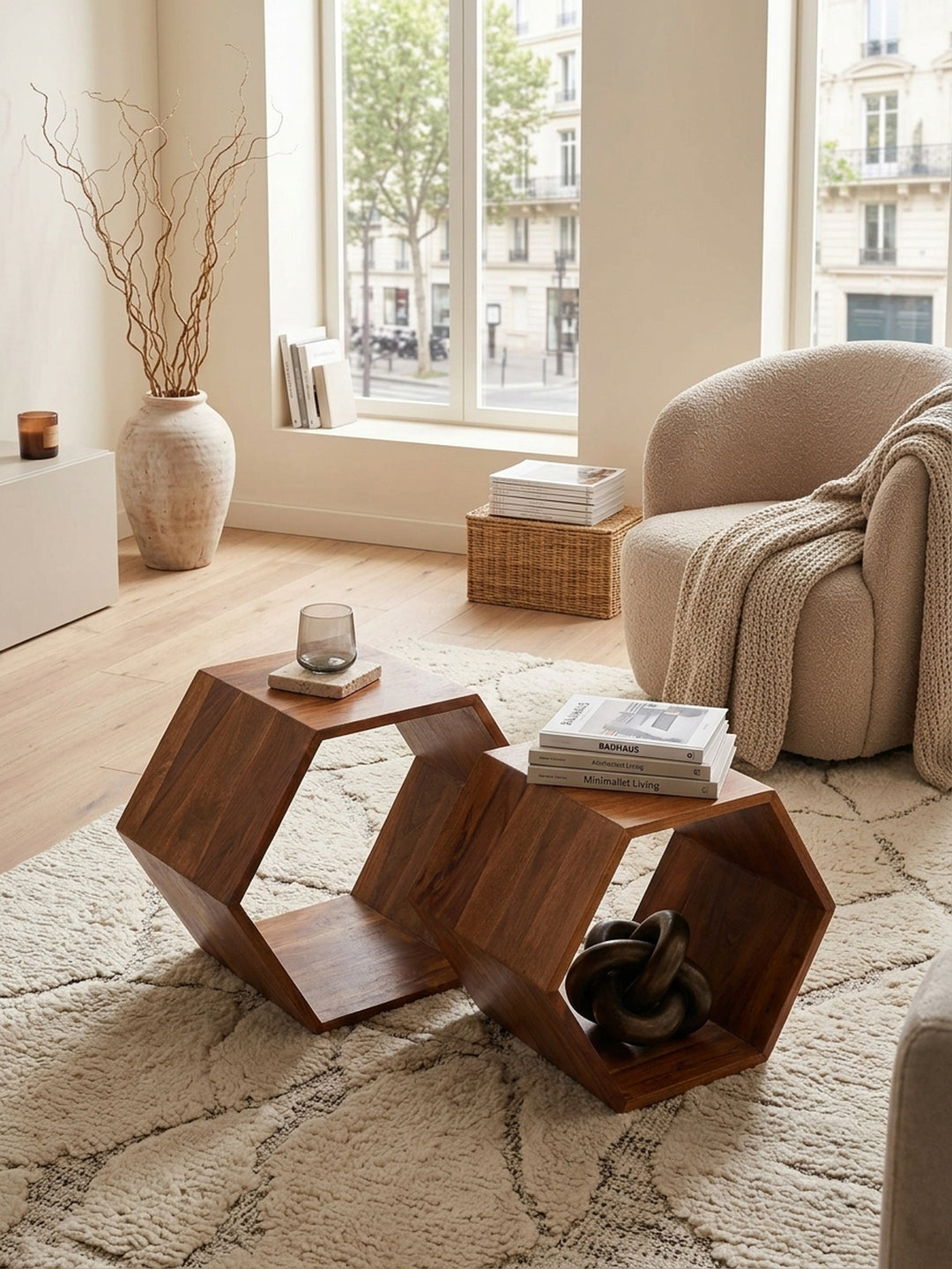 Draufsicht auf die zwei ineinander geschobenen Couchtische aus dunklem Holz. Die markante Maserung des Sheeshamholzes und die geometrische Sechseck Form kommen hier perfekt zur Geltung._
