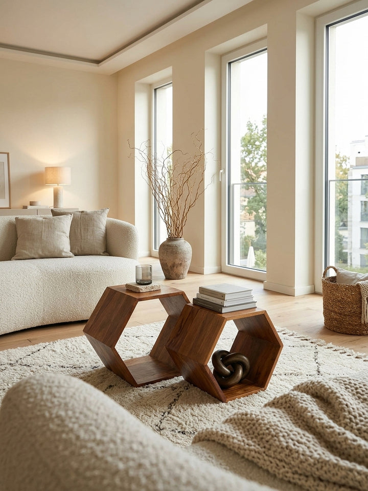 Sechseckiger Beistelltisch aus Sheesham Massivholz im eleganten Wohnzimmer. Das 2er Set in Wabenform steht auf einem hellen Teppich neben einem Sofa und bietet stilvolle Ablagefläche._