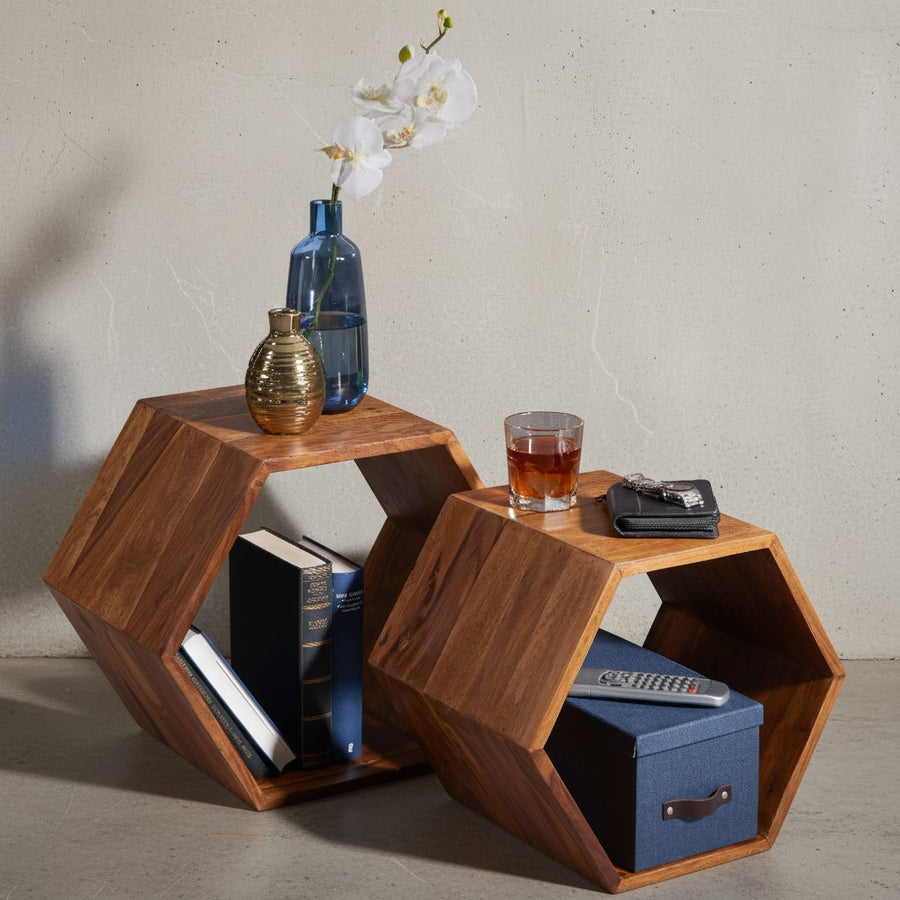 Sheesham Massivholz Satztisch 2er Set in Wabenform_ Braunton_ handgefertigt - KADIMA DESIGN_Größe_ 46x30x40 cm_