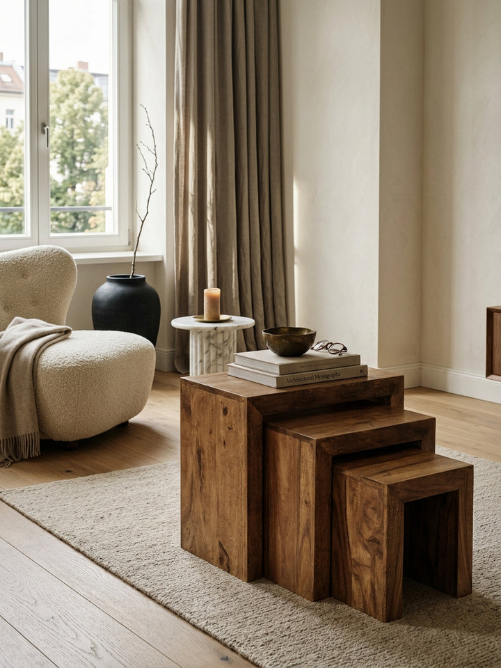 Satztisch Set_ 3-teilig_ Massivholz_ platzsparend_ handgefertigt_ 45x50x30 cm_ 37_5x37_5x28 cm_ 30x25x25 cm - KADIMA DESIGN_Farbe_ Braun_ Größe_ 50x30x50 cm_