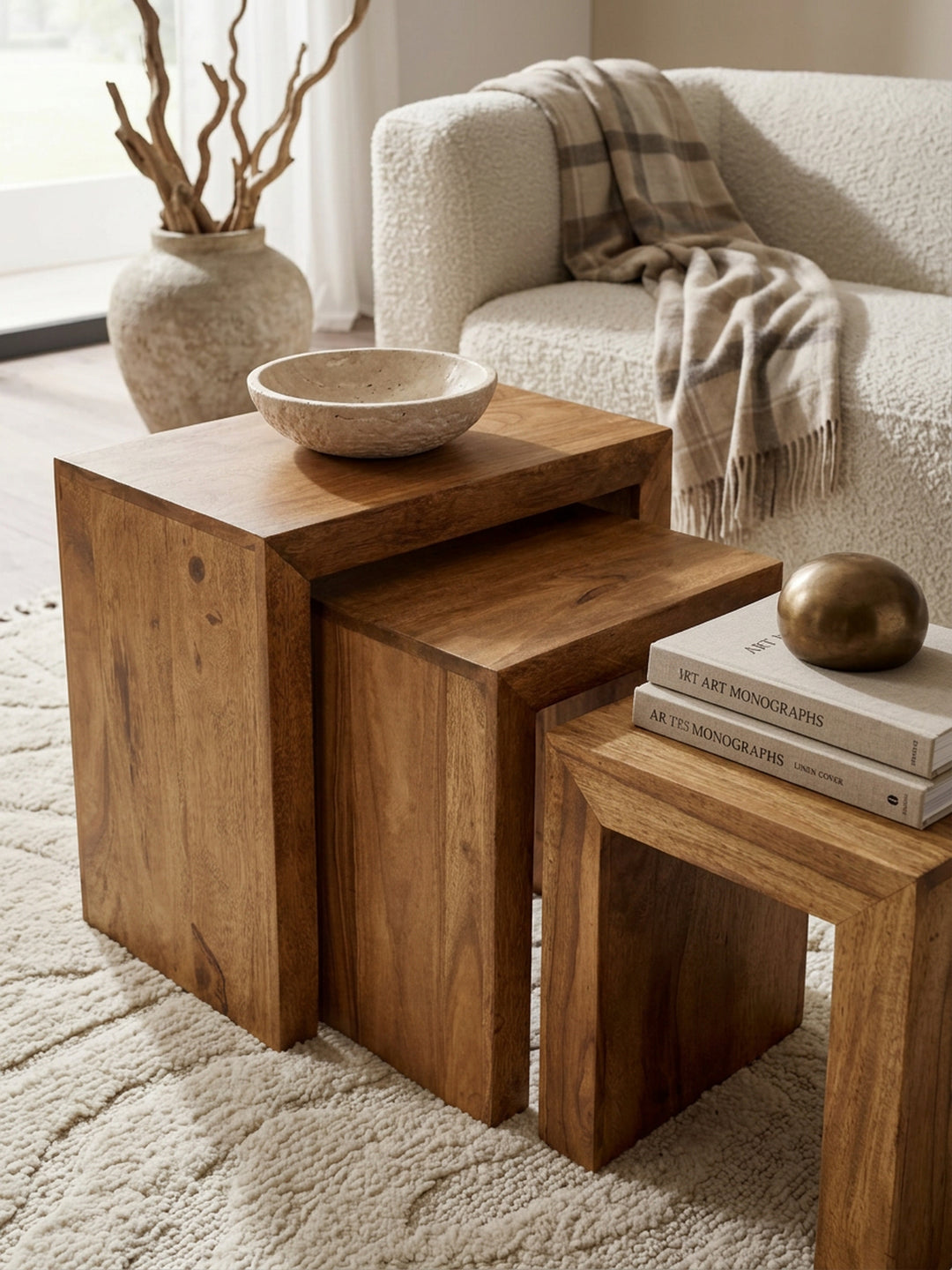 Satztische Akazie Massivholz braun Nahaufnahme honigfarbene Akazie-Maserung mit natürlicher Farbvariation und sichtbarer Holzstruktur Qualität Möbel Wohnzimmer Wohnen Einrichtung Interior_