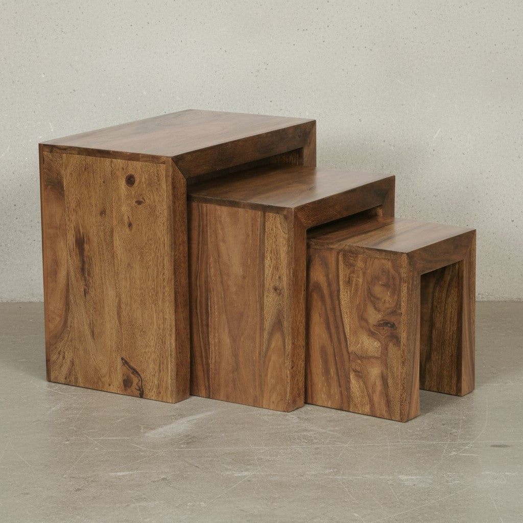 Satztisch Set_ 3-teilig_ Massivholz_ platzsparend_ handgefertigt_ 45x50x30 cm_ 37_5x37_5x28 cm_ 30x25x25 cm - KADIMA DESIGN_Farbe_ Braun_ Größe_ 50x30x45 cm_