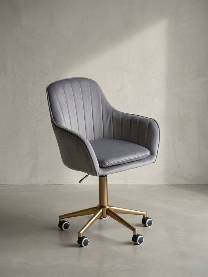 Bürostuhl Samt grau 54x52x105 cm mit Rollen und Höhenverstellung für Home Office Design Möbel modern hochwertig stilvoll robust langlebig Wohnen Einrichtung Interior Zuhause Wohnzimmer_