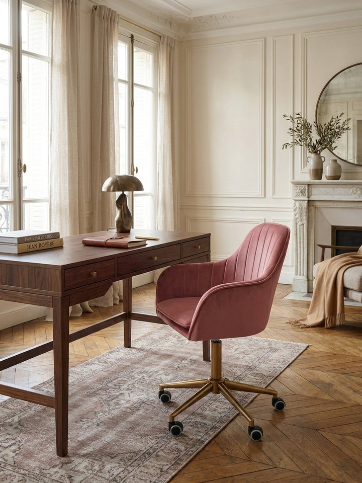 Bürostuhl Samt rosa Nahaufnahme weiche Samt-Oberfläche rosa mit feinem Schimmer und dichter Textur mit Rollen und Höhenverstellung Qualität Möbel Home Office Wohnen Einrichtung Interior_