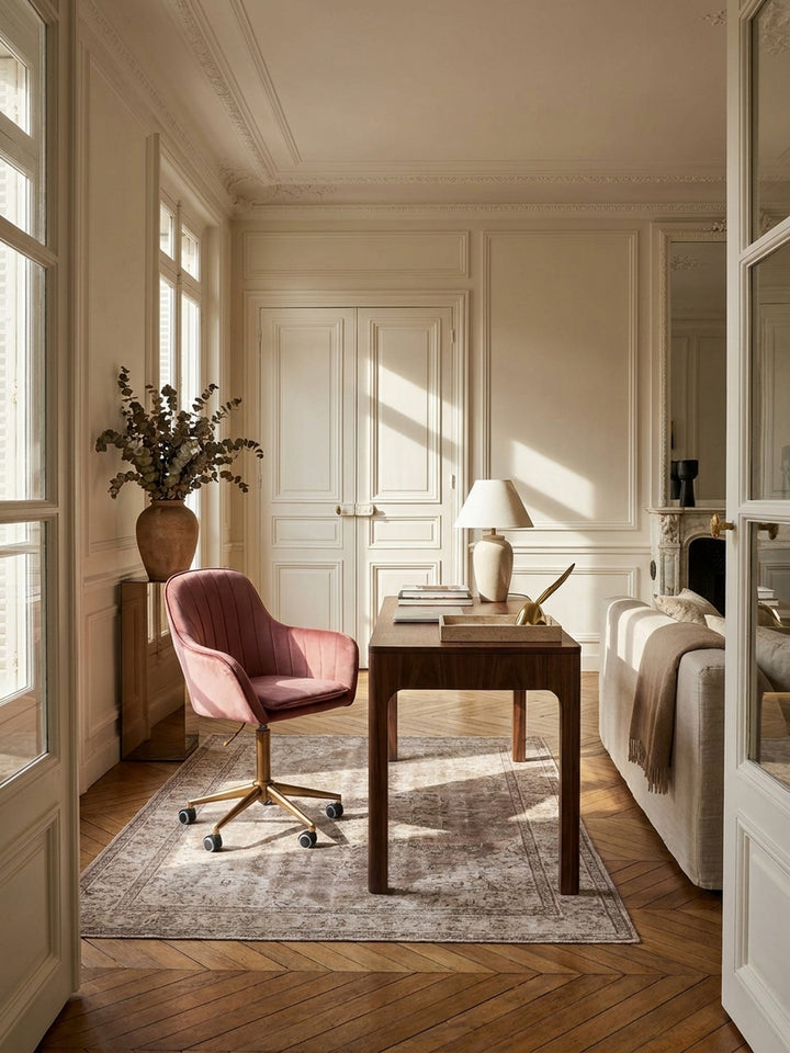 Bürostuhl Samt rosa 54x52x105 cm in elegantem Pariser Home Office Einrichtung Design Möbel mit Rollen und Höhenverstellung hochwertig modern stilvoll einrichten Wohnen Interior Zuhause_