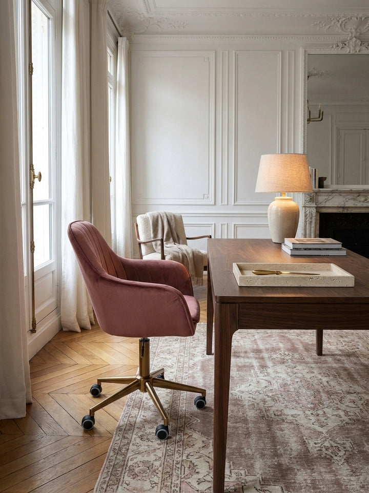 Bürostuhl Samt rosa 54x52x105 cm kombiniert mit passenden Möbeln Home Office Einrichtungsidee Möbelensemble mit Rollen und Höhenverstellung harmonisch Wohnen Interior Zuhause Design_