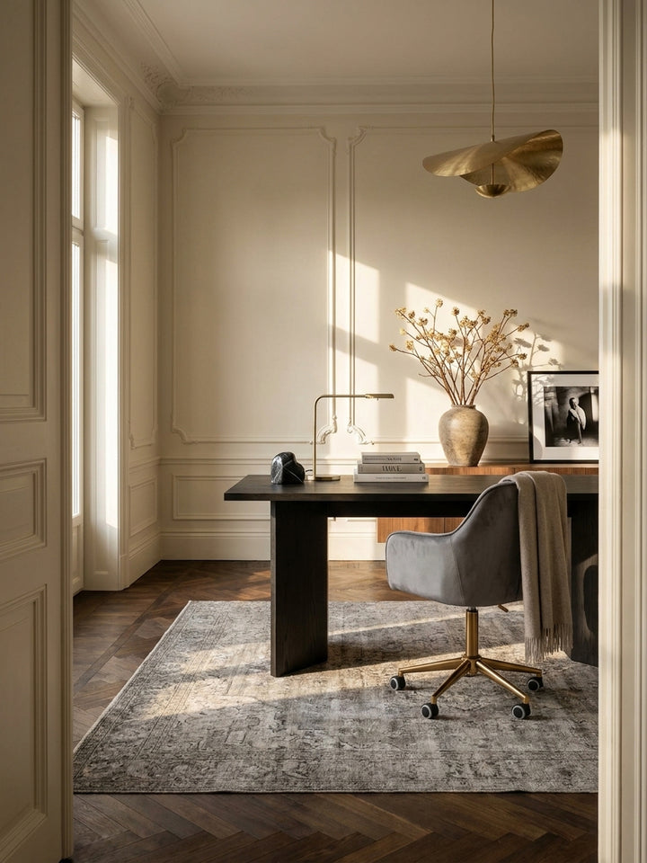 Bürostuhl Samt grau 54x52x105 cm in modernem Home Office Einrichtung Design Möbel mit Rollen und Höhenverstellung hochwertig modern stilvoll einrichten Wohnen Interior Zuhause Wohnzimmer_