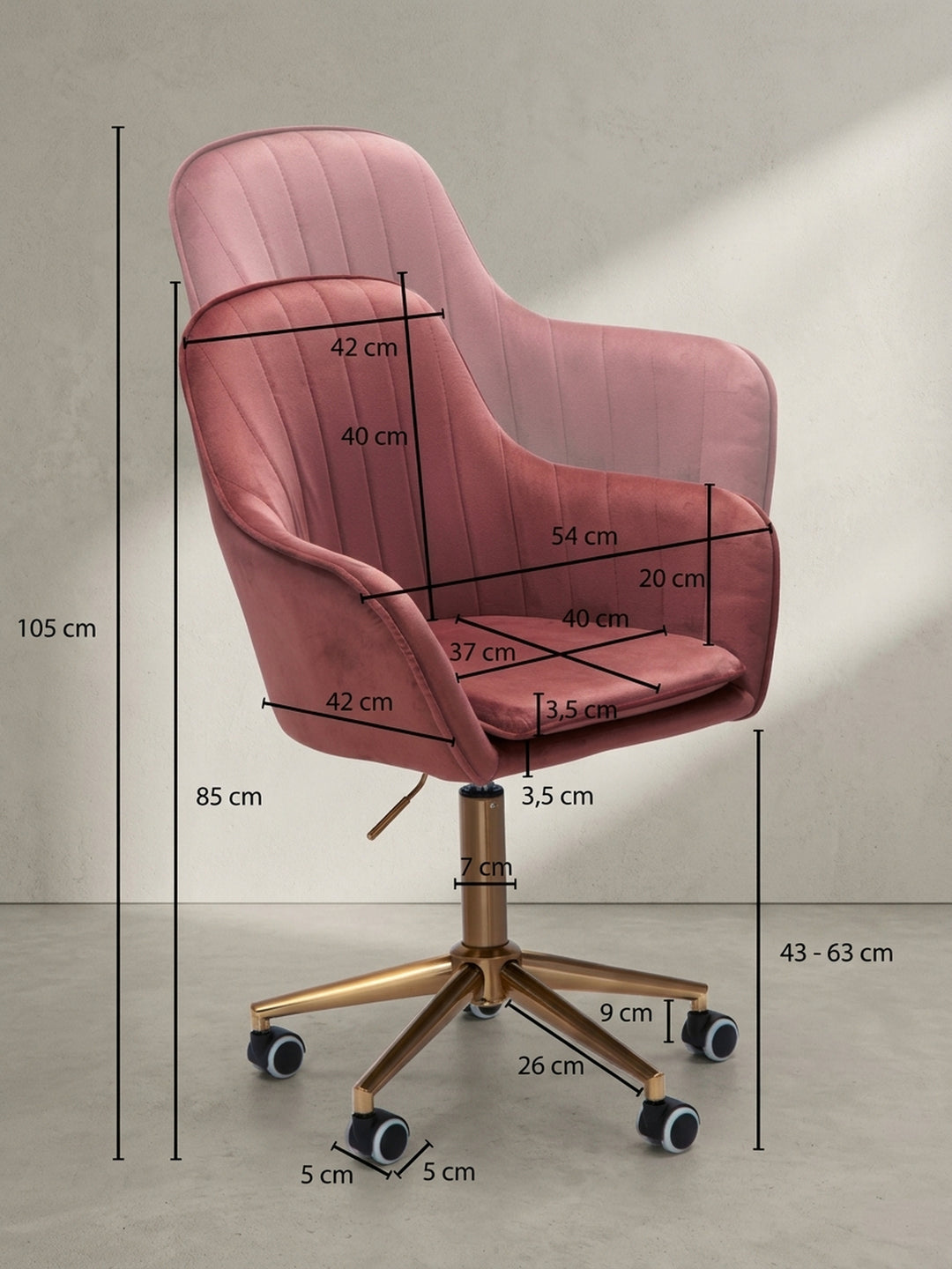 Bürostuhl Samt rosa Design modern mit Rollen und Höhenverstellung 54x52x105 cm Möbel Einrichtung Home Office stilvoll zeitgenössisch elegant Wohnen Interior Zuhause Wohnzimmer hochwertig_