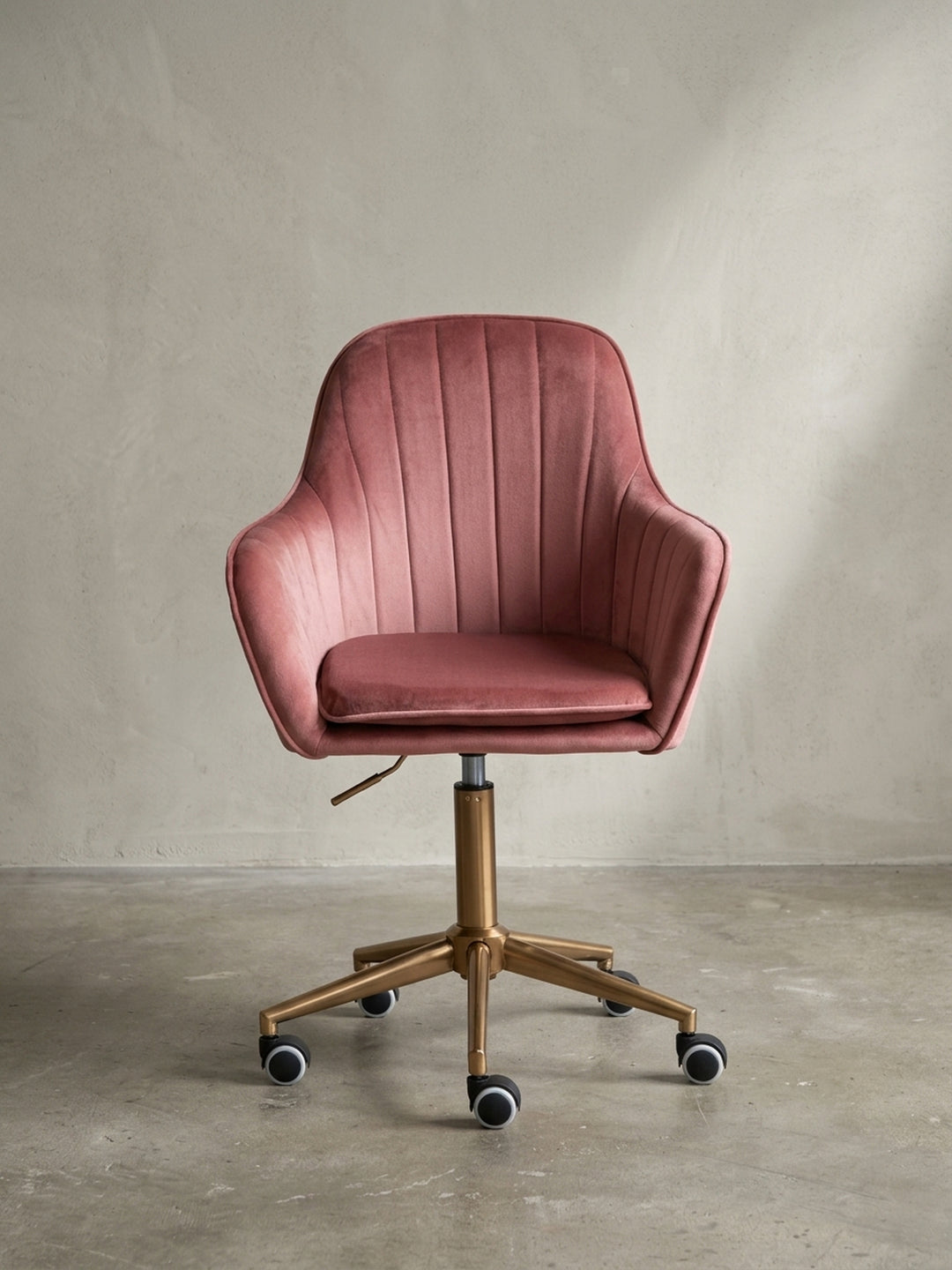 Bürostuhl Samt rosa 54x52x105 cm mit Rollen und Höhenverstellung für Home Office Design Möbel modern hochwertig stilvoll robust langlebig Wohnen Einrichtung Interior Zuhause Wohnzimmer_