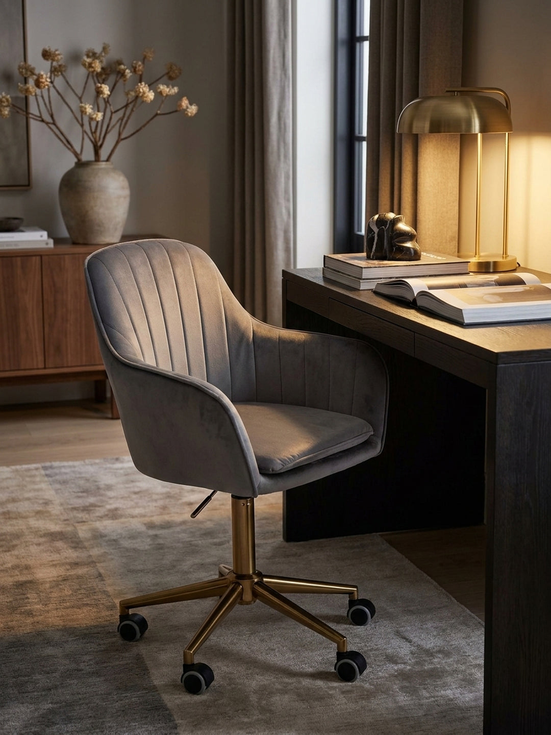 Bürostuhl aus weichem Samt grau im Einsatz Home Office dekoriert mit Styling-Accessoires Wohnatmosphäre mit Rollen und Höhenverstellung gemütlich eingerichtet Wohnen Einrichtung Interior_