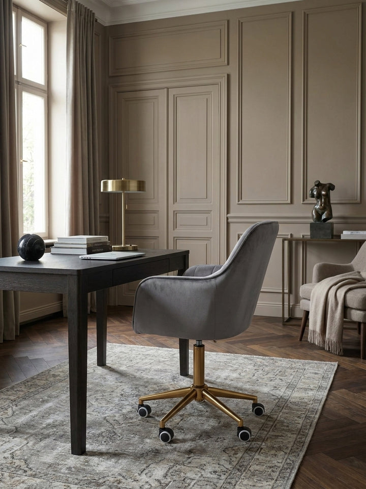 Bürostuhl Samt grau 54x52x105 cm kombiniert mit passenden Möbeln Home Office Einrichtungsidee Möbelensemble mit Rollen und Höhenverstellung harmonisch Wohnen Interior Zuhause Design_