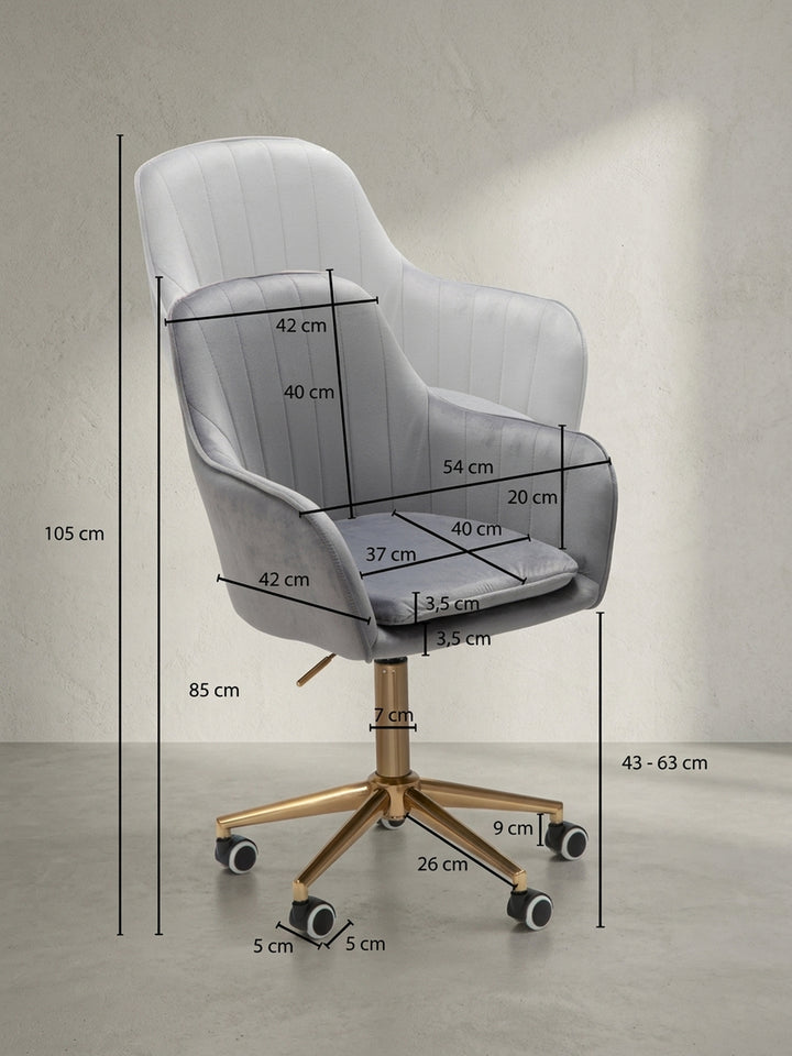 Bürostuhl Samt grau Design modern mit Rollen und Höhenverstellung 54x52x105 cm Möbel Einrichtung Home Office stilvoll zeitgenössisch elegant Wohnen Interior Zuhause Wohnzimmer hochwertig_