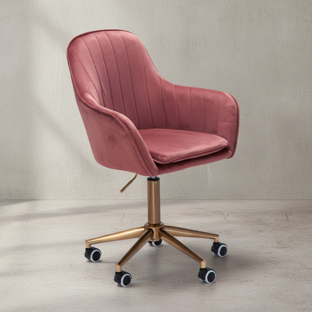 Schalenstuhl SANDRA_ Samtstoff_ 360° Drehfunktion_ Metallfußkreuz in Gold_ max. 120 kg Belastung - KADIMA DESIGN_Farbe_ Rosa_ Größe_ 54x52x105 cm_