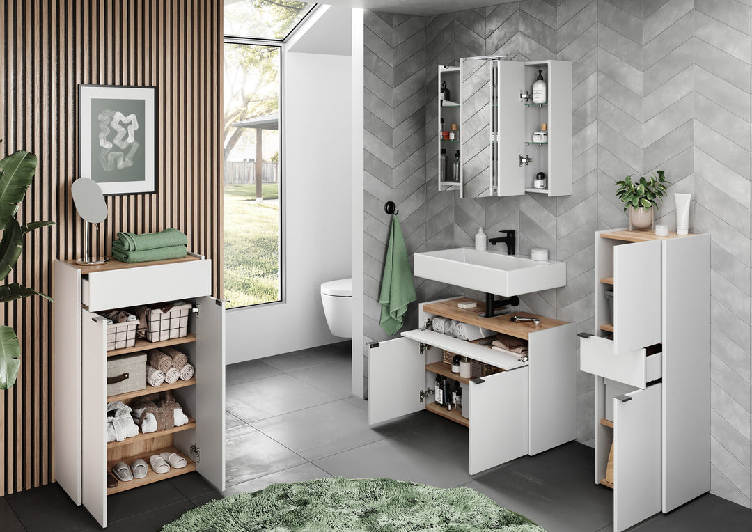 Schrank mit Schublade_ Navarra-Eiche_ Leise Schließtechnik_ Kollektion AVIS von Kadima Design_Farbe_ Weiß-Beige_ Größe_ 34x34x111 cm_