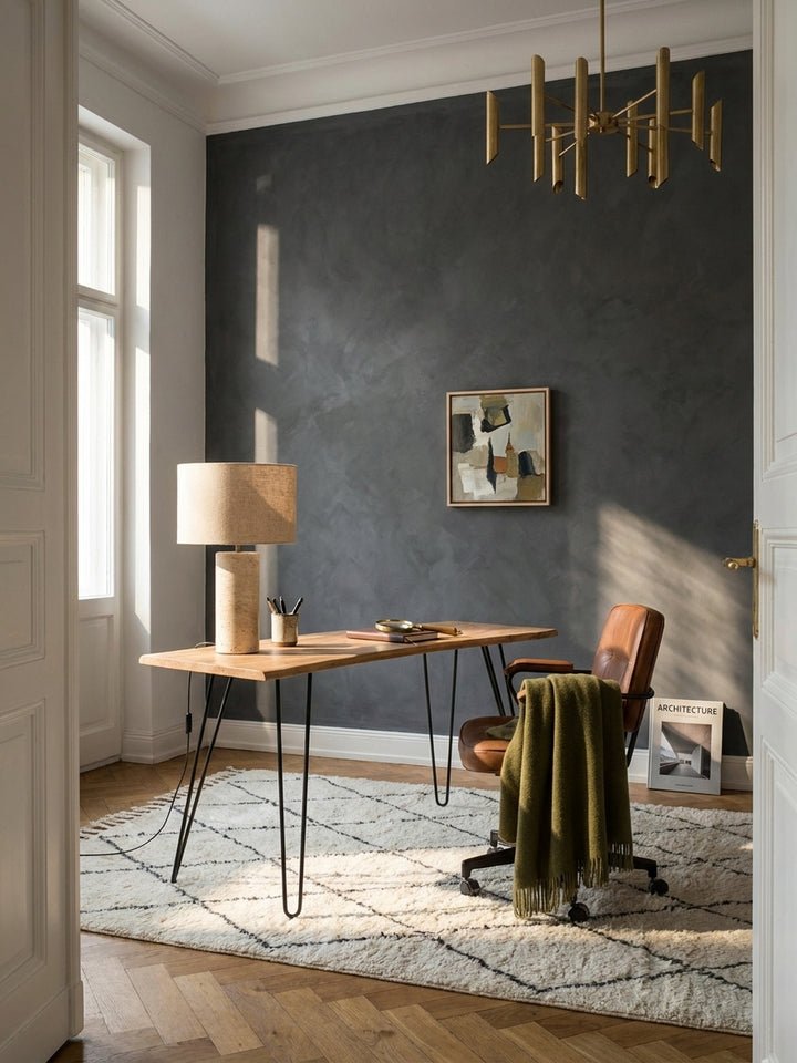 Schmaler Schreibtisch aus Akazie Massivholz mit Baumkante im wohnlichen Homeoffice mit Vintage-Perserteppich und Altbau-Charme._