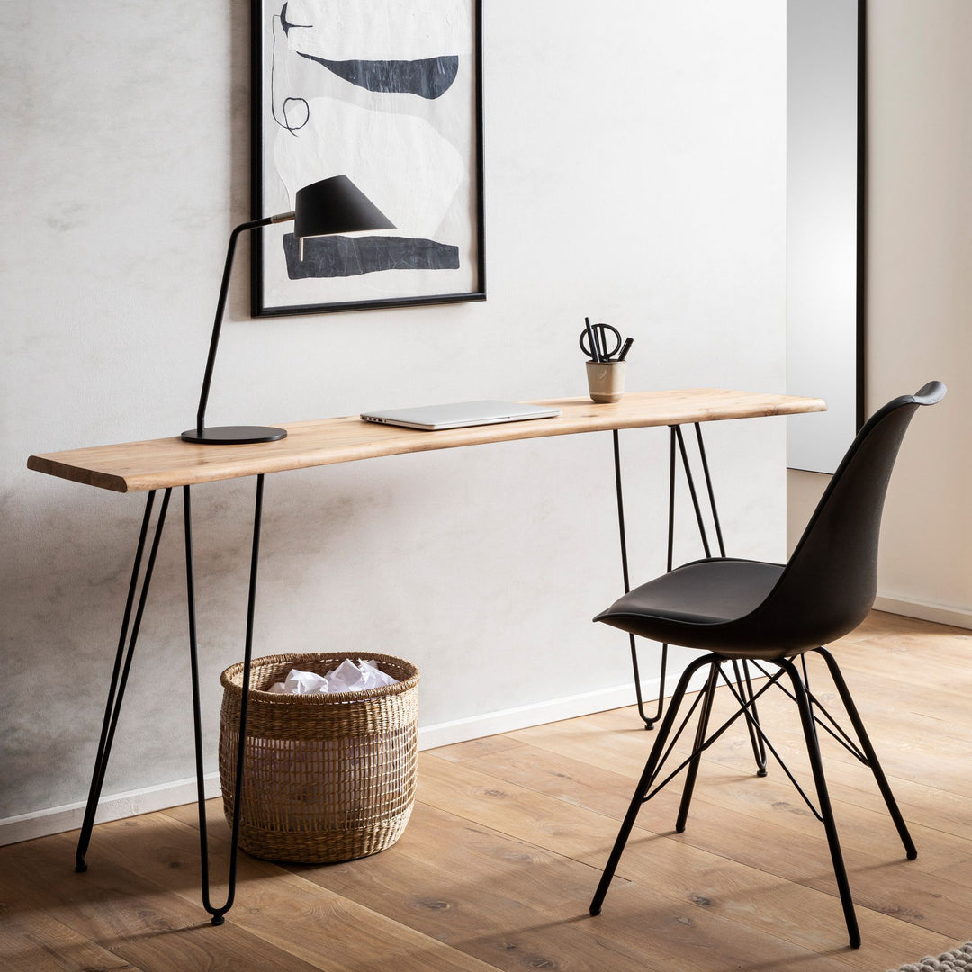 Schreibtisch – Massivholz/Metall, 150x36x75 cm, Baumkante, Haarnadelbeine