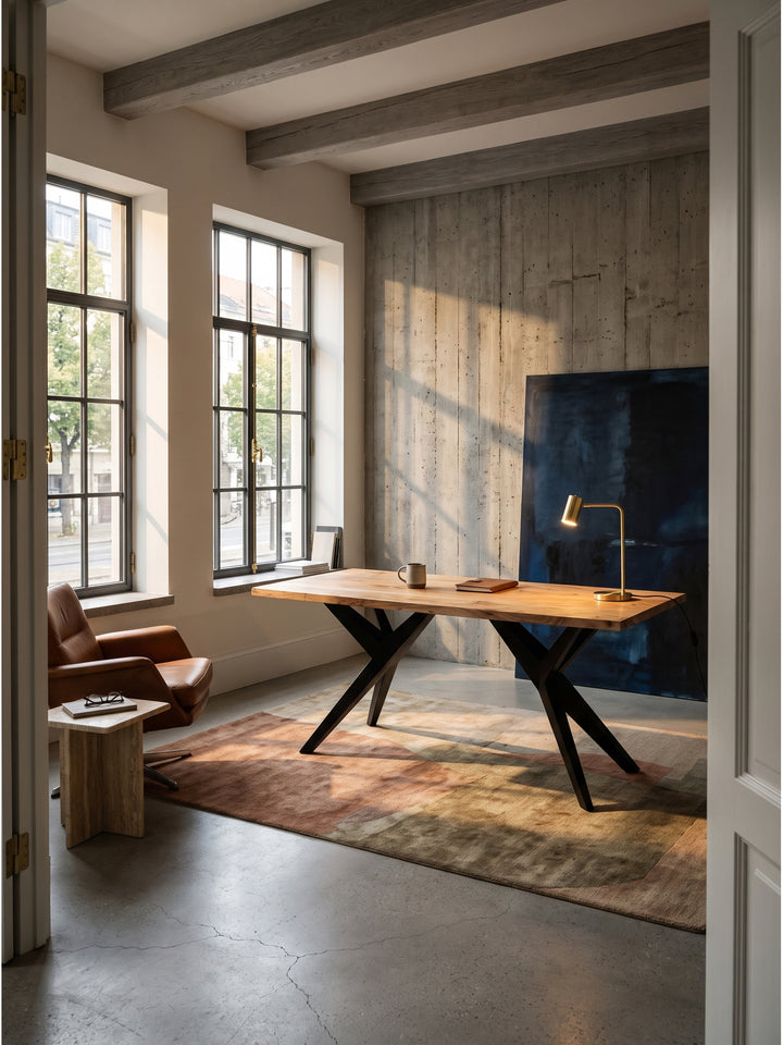 Großer Schreibtisch aus massiver Akazie mit schwarzen Metallbeinen im luxuriösen Loft Home Office mit deckenhohen Fabrikfenstern._