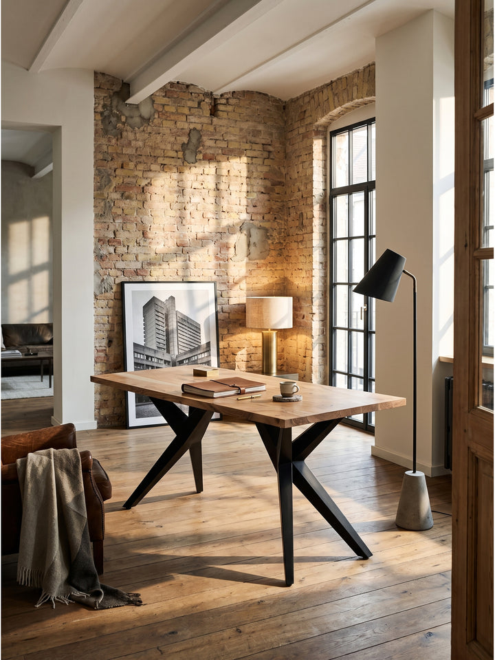 Luxuriöser Schreibtisch aus Akazie Massivholz mit schwarzem Eisengestell im industriellen Home Office vor einer gealterten Backsteinwand._