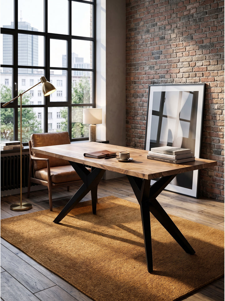Industrial-Schreibtisch kombiniert mit einem cognacfarbenen Ledersessel auf rustikalen Eichendielen im eleganten Loft-Apartment._