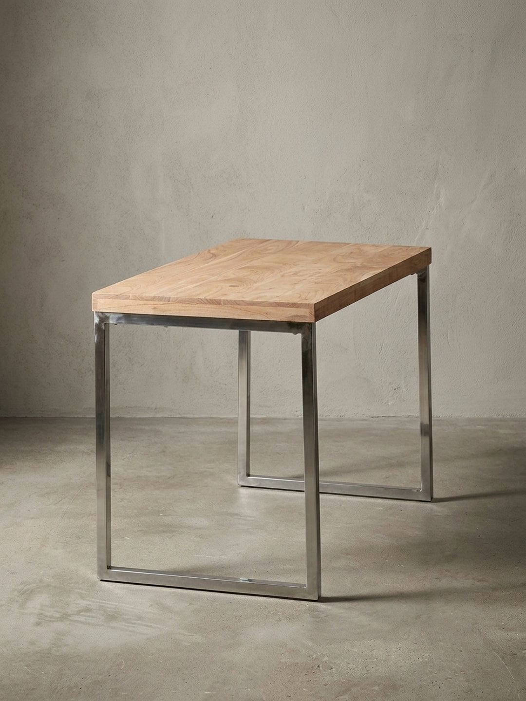 Maßzeichnung Schreibtisch Akazie Massivholz braun mit Bemaßung 60x120x76 cm Höhe Breite Tiefe und Detailangaben zur Produktgeometrie_