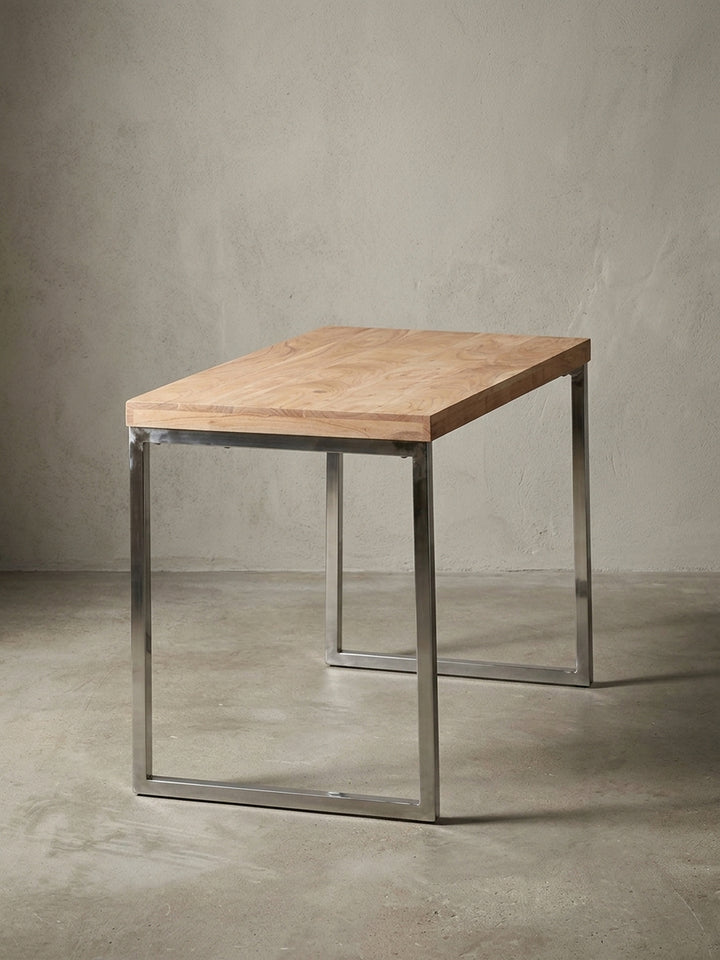Maßzeichnung Schreibtisch Akazie Massivholz braun mit Bemaßung 60x120x76 cm Höhe Breite Tiefe und Detailangaben zur Produktgeometrie_