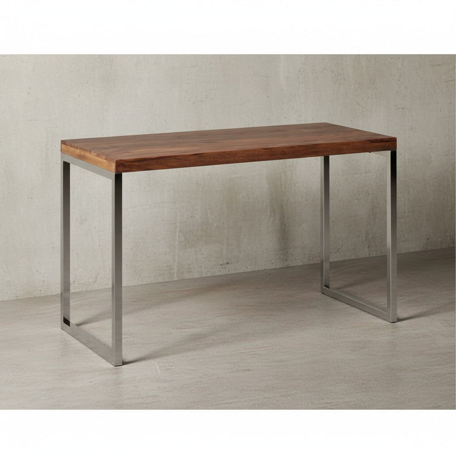 Schreibtisch ISEN_ Massivholz_ Landhausstil_ verchromtes Metallgestell_ 50 kg Belastung - KADIMA DESIGN_Farbe_ Braun_ Größe_ 120x60x76 cm_