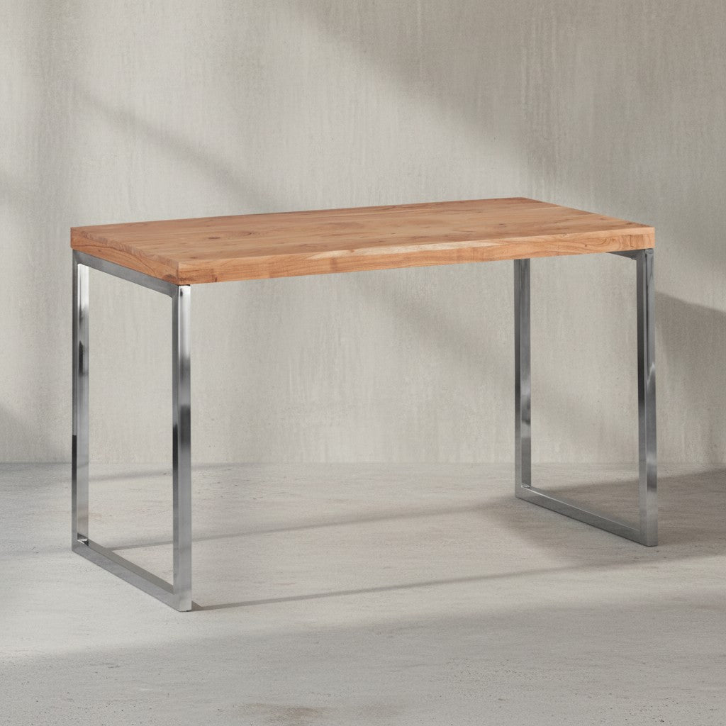 Schreibtisch ISEN_ Massivholz_ Landhausstil_ verchromtes Metallgestell_ 50 kg Belastung - KADIMA DESIGN_Farbe_ Beige_ Größe_ 120x60x76 cm_