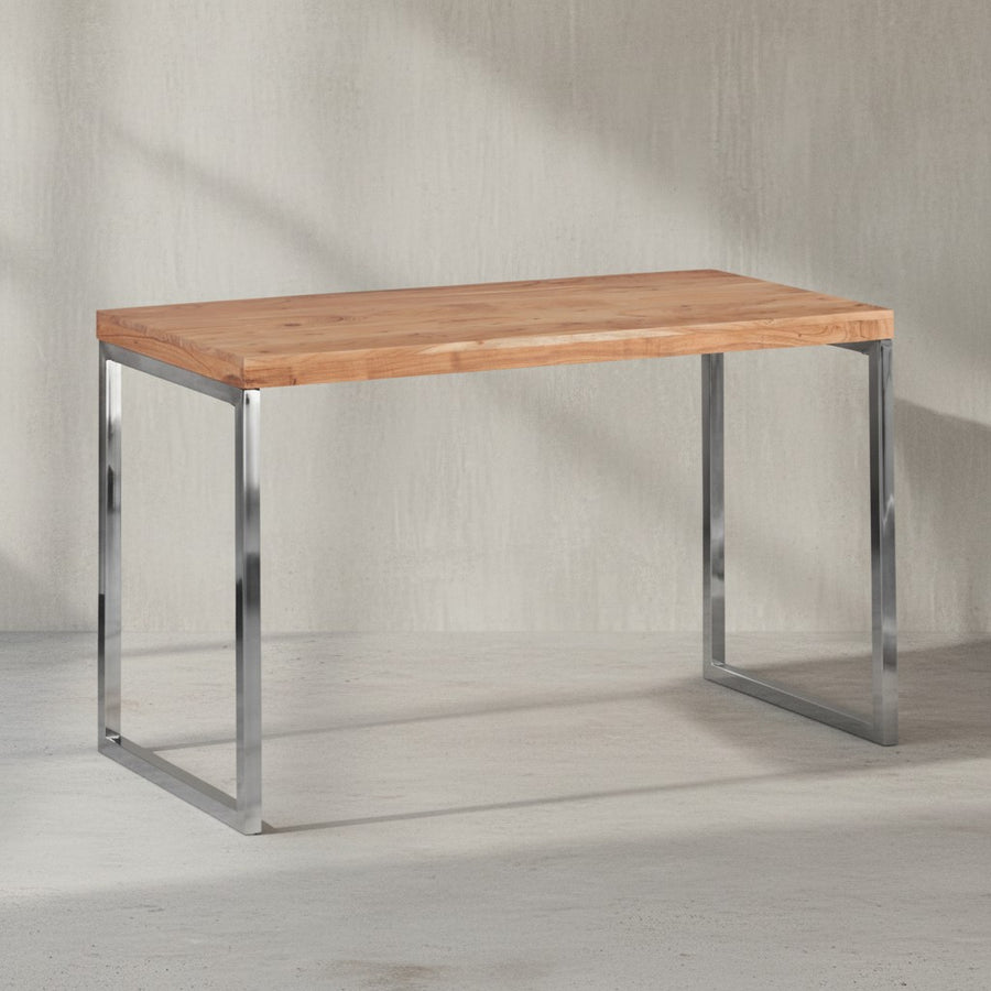Schreibtisch ISEN_ Massivholz_ Landhausstil_ verchromtes Metallgestell_ 50 kg Belastung - KADIMA DESIGN_Farbe_ Beige_ Größe_ 120x60x76 cm_