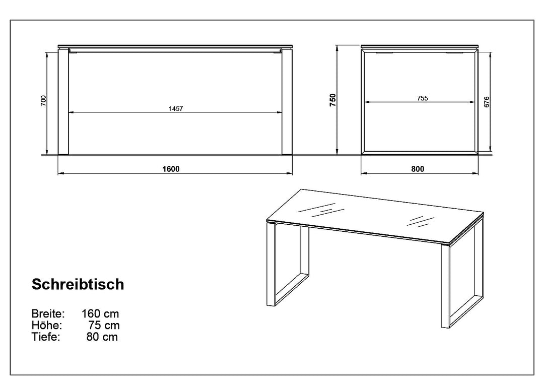 Schreibtisch 160x80x75 cm | Bürotisch Weiß | Glasplatte &amp; Metallkufen ABS-Kanten | Homeoffice Büro Made in Germany | Serie MUENCHEN Kadima Design_