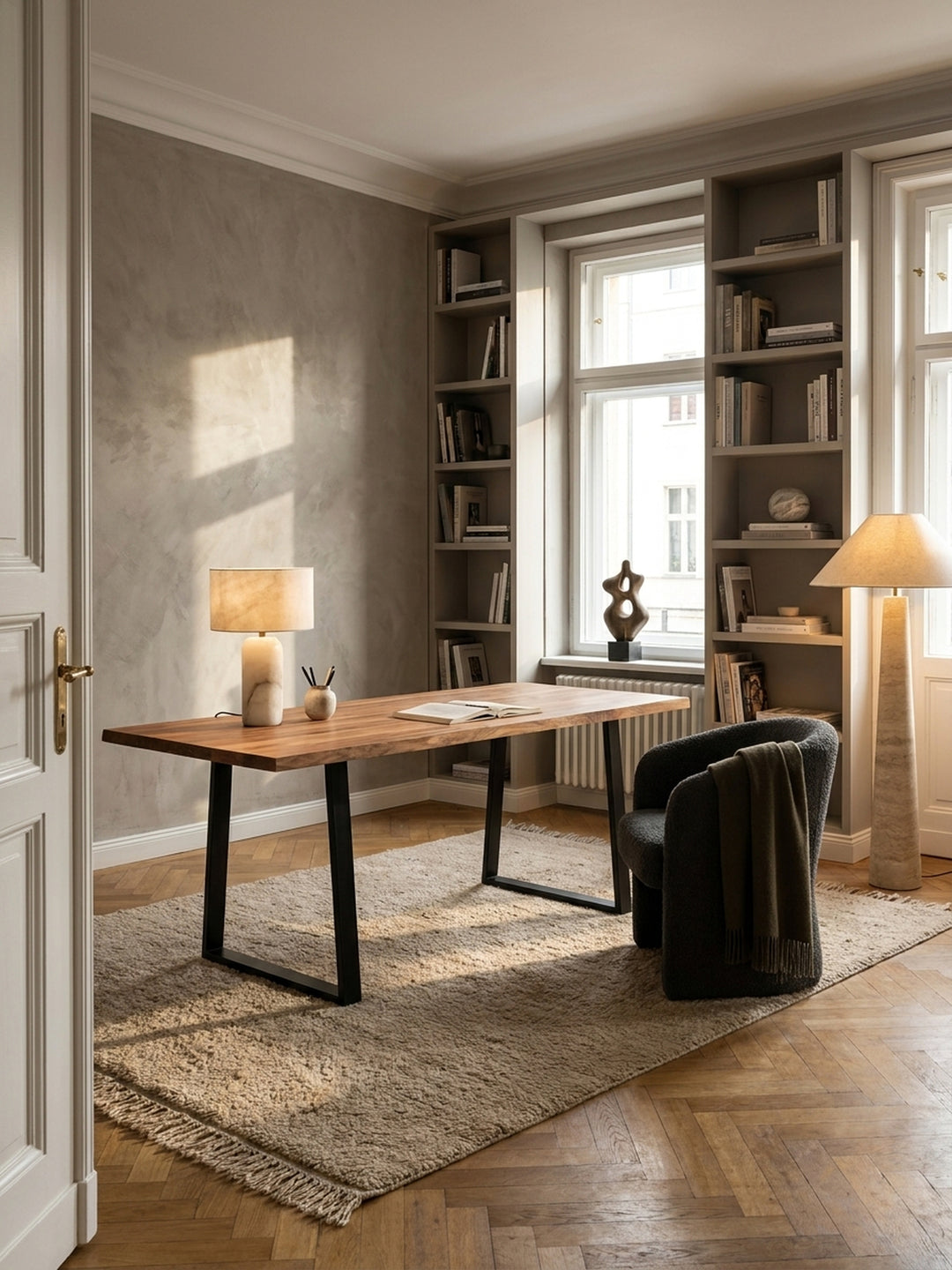Eleganter Akazie Massivholz Schreibtisch mit schwarzen Trapezbeinen in einem hellen Home Office mit Bücherregalen und Fischgrätparkett._