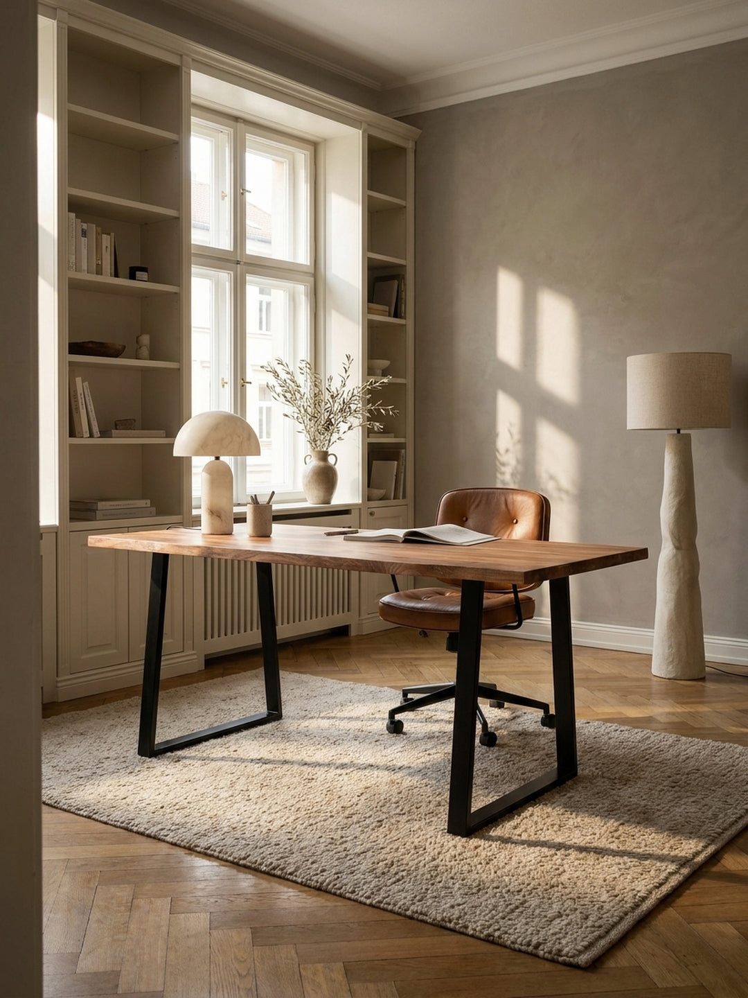 Moderner Massivholztisch aus Akazie als Bürotisch, kombiniert mit einem ergonomischen schwarzen Stuhl auf einem beigen Wollteppich._