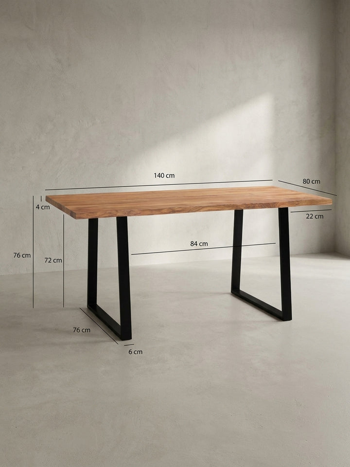 Technisches Maßbild des Schreibtisches aus Akazienholz, das die genauen Abmessungen von 140x80x76 cm für die perfekte Raumplanung darstellt._
