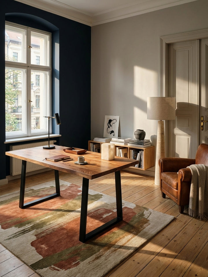 Der massive Akazienholz-Schreibtisch mit Baumkante steht als Mittelpunkt in einem hellen Homeoffice mit großem Fenster und Eichenparkett._
