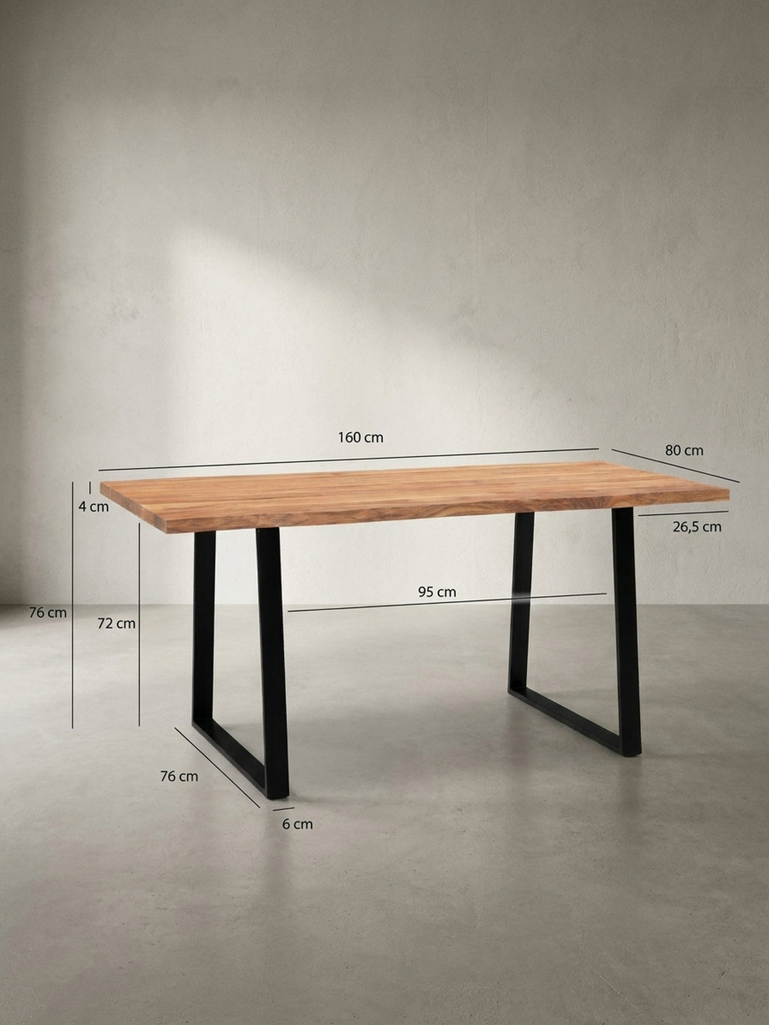 Technische Zeichnung des Schreibtisches mit allen relevanten Maßen: Breite 160 cm, Höhe 76 cm und Tiefe ca. 80 cm, ideal zur Raumplanung._