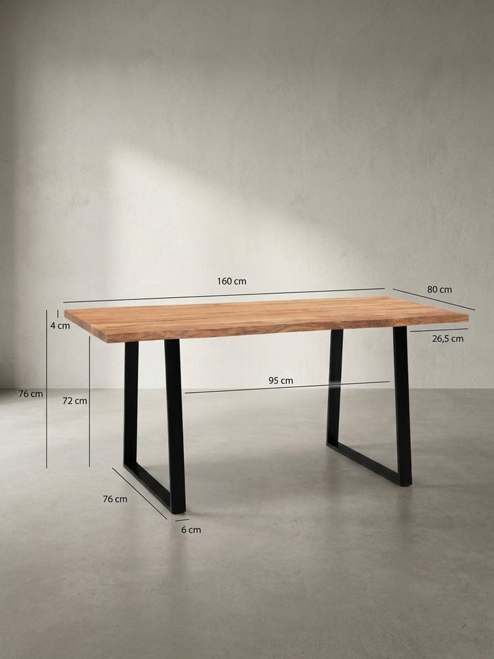 Technische Zeichnung des Schreibtisches mit allen relevanten Maßen: Breite 160 cm, Höhe 76 cm und Tiefe ca. 80 cm, ideal zur Raumplanung._