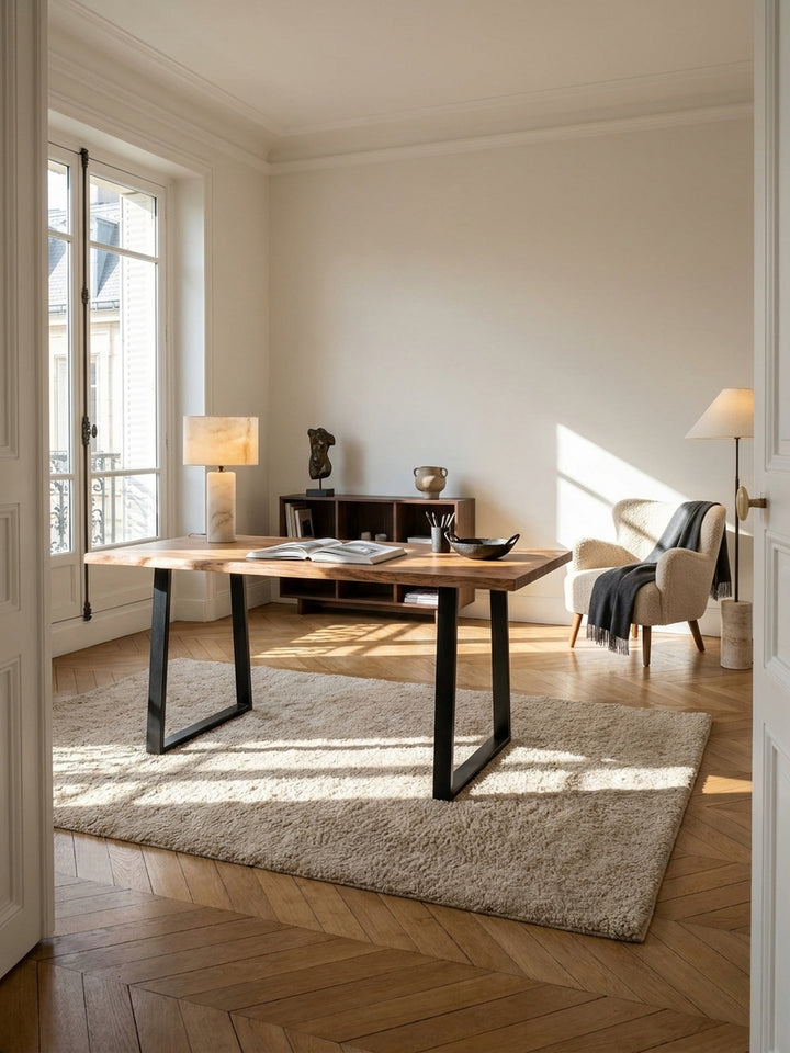 Moderner Schreibtisch aus Akazie Massivholz mit Baumkante im stilvollen Home Office mit Fischgrätparkett und großem Fenster für viel Tageslicht._