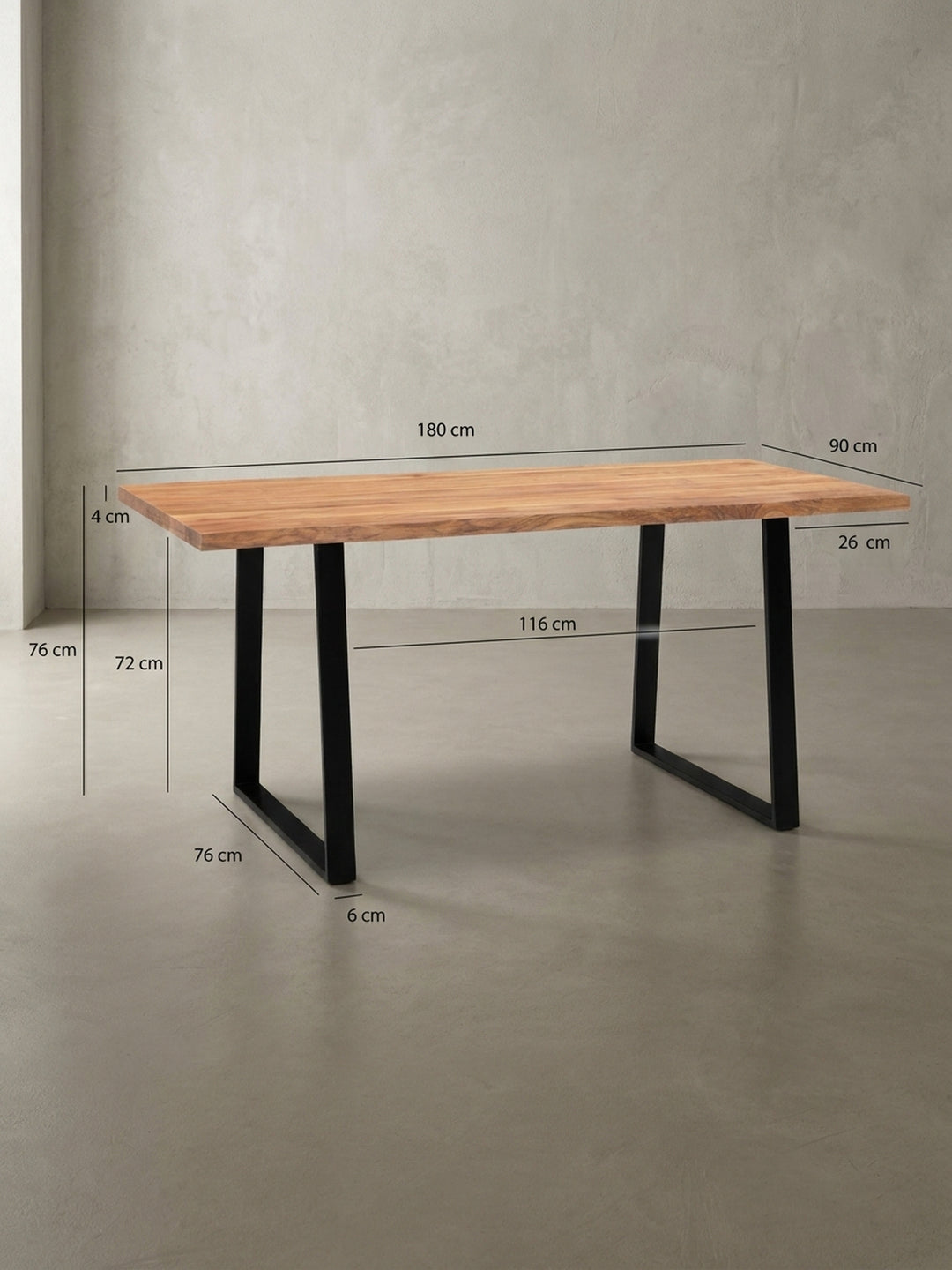Technische Zeichnung des Schreibtisches mit allen Maßen: Breite 180 cm, Tiefe ca. 90 cm und Höhe 76 cm für die Raumplanung._