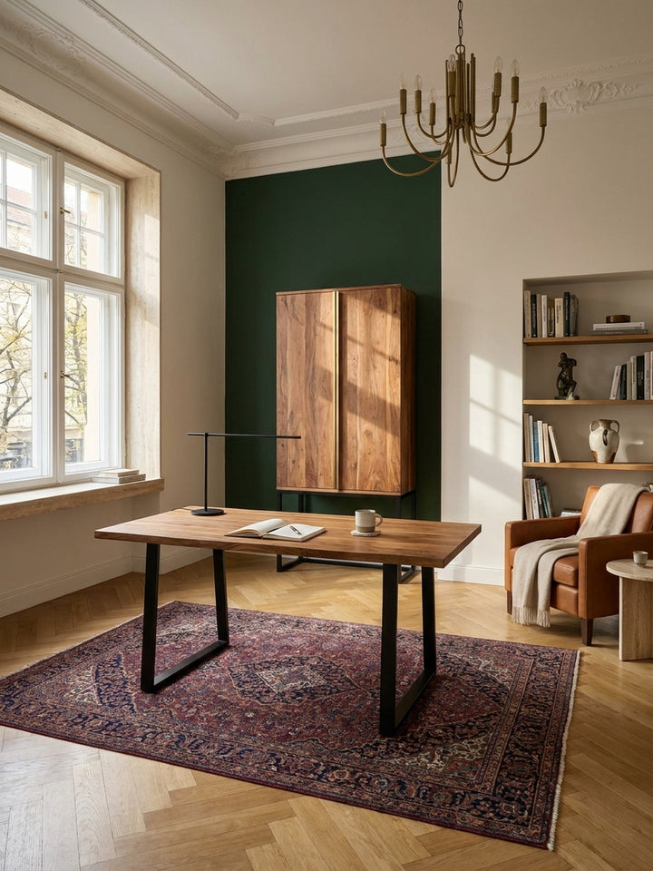 Großer Akazie-Massivholz-Schreibtisch mit schwarzen Trapezbeinen als Mittelpunkt in einem stilvollen Home-Office mit tiefgrüner Wand und Fischgrätparkett._