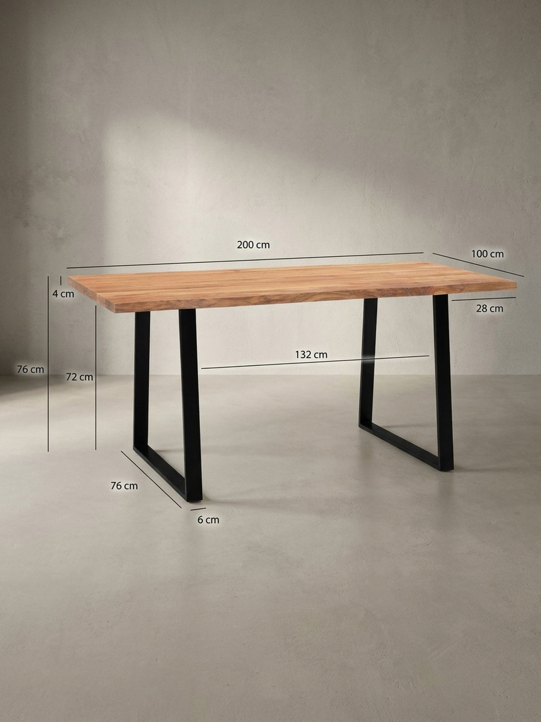 Technisches Maßbild des Akazie-Schreibtisches mit exakten Abmessungen von 200x100x76 cm zur perfekten Raumplanung für Ihr Home-Office oder Büro._