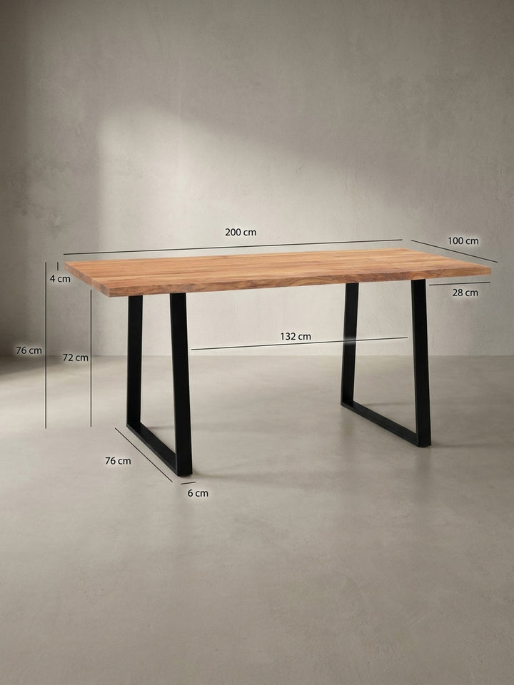 Technisches Maßbild des Akazie-Schreibtisches mit exakten Abmessungen von 200x100x76 cm zur perfekten Raumplanung für Ihr Home-Office oder Büro._