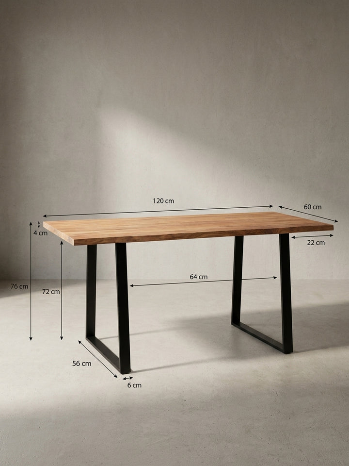 Schreibtisch mit exakten Maßen 120x60x76 cm in einer technischen Zeichnung zur einfachen Planung des Platzbedarfs im Home Office._
