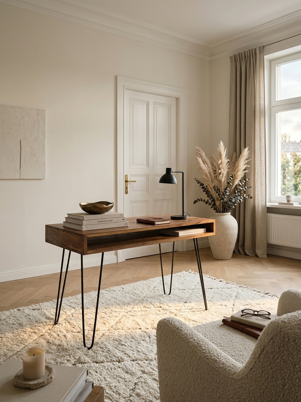 Schreibtisch aus warmem Sheesham-Massivholz mit markanter Maserung in modernem Home Office mit Teppich und stimmungsvoller Beleuchtung 60x110x76 cm_